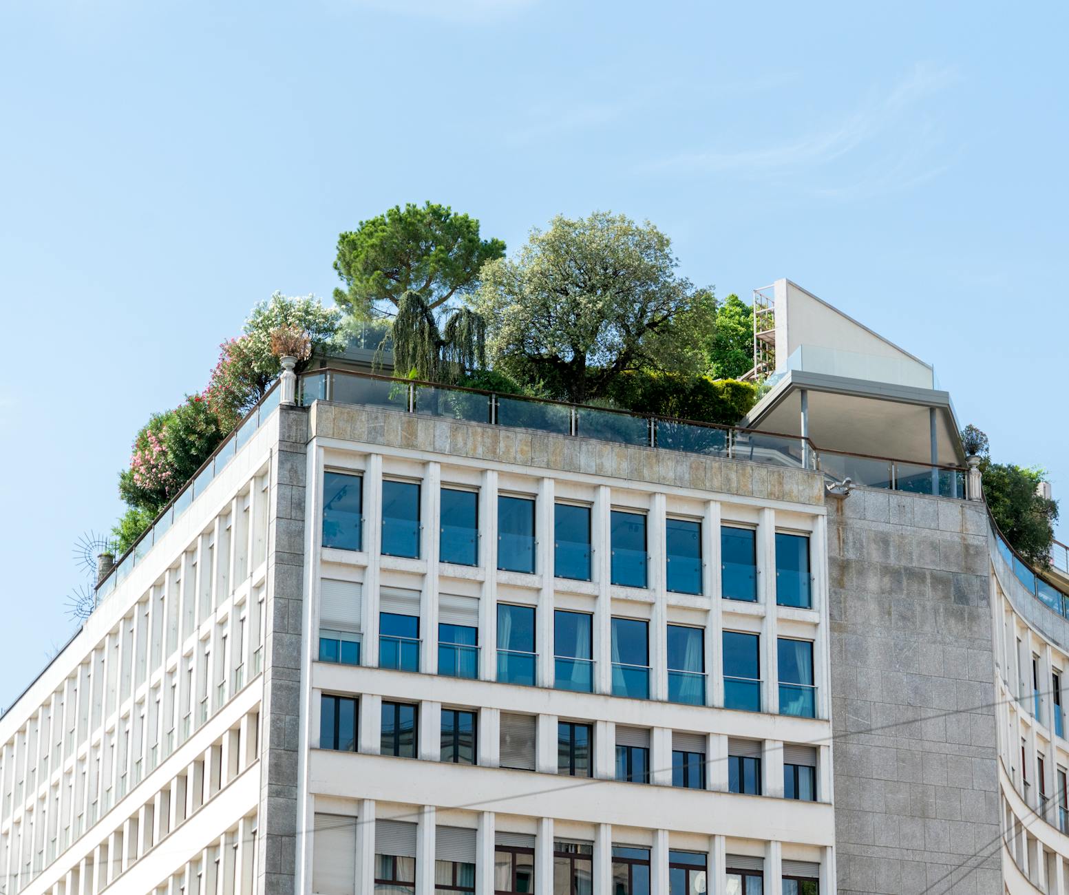 Modern sustainable building with green roof and solar panels