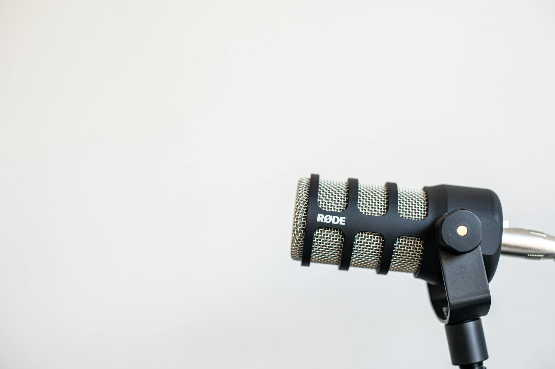 Professional podcast recording setup with microphone and audio equipment