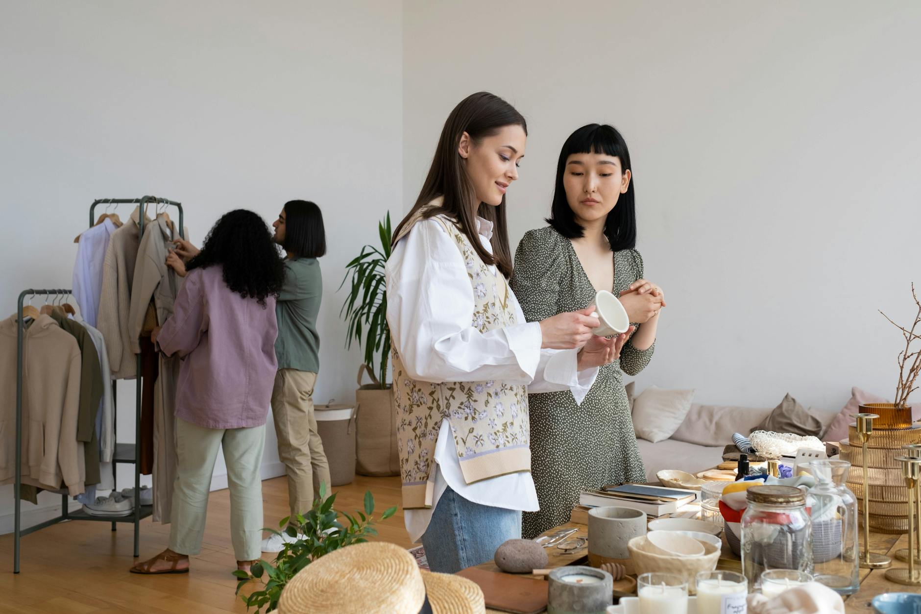 Sustainable fashion materials and textiles displayed on a clean white surface