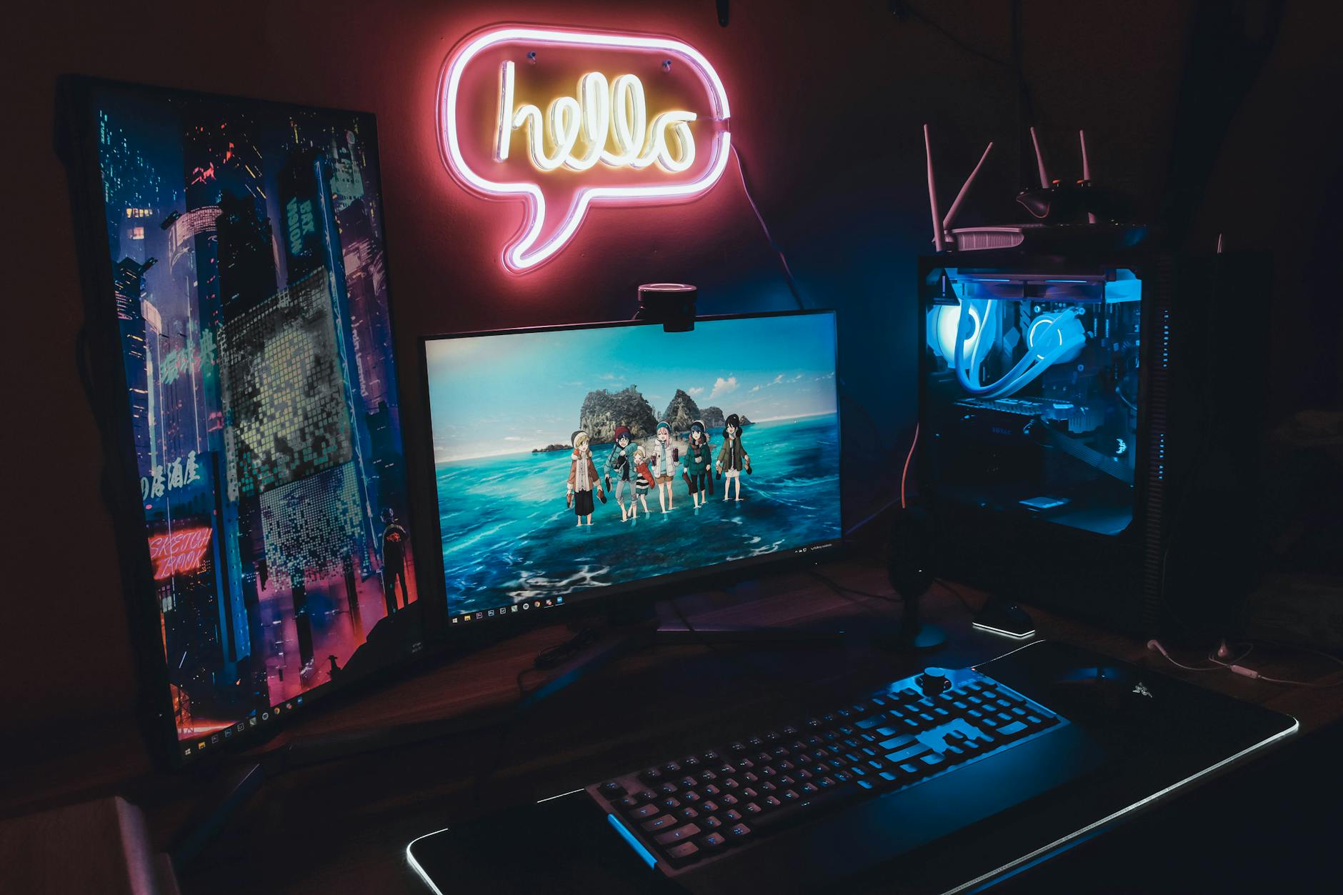Home streaming setup with computer, microphone, and professional lighting equipment