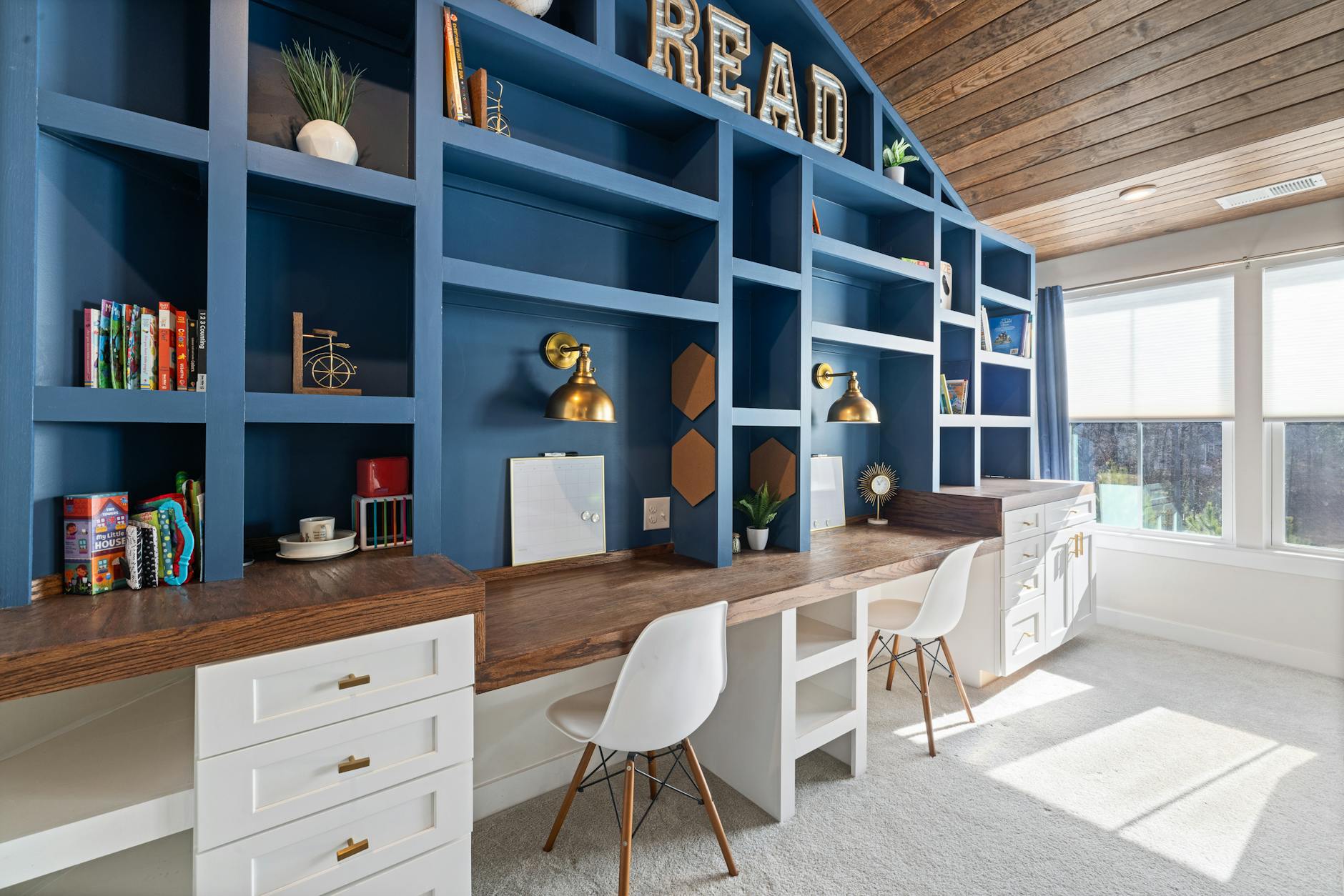 Modern home study space with books, desk, and educational materials