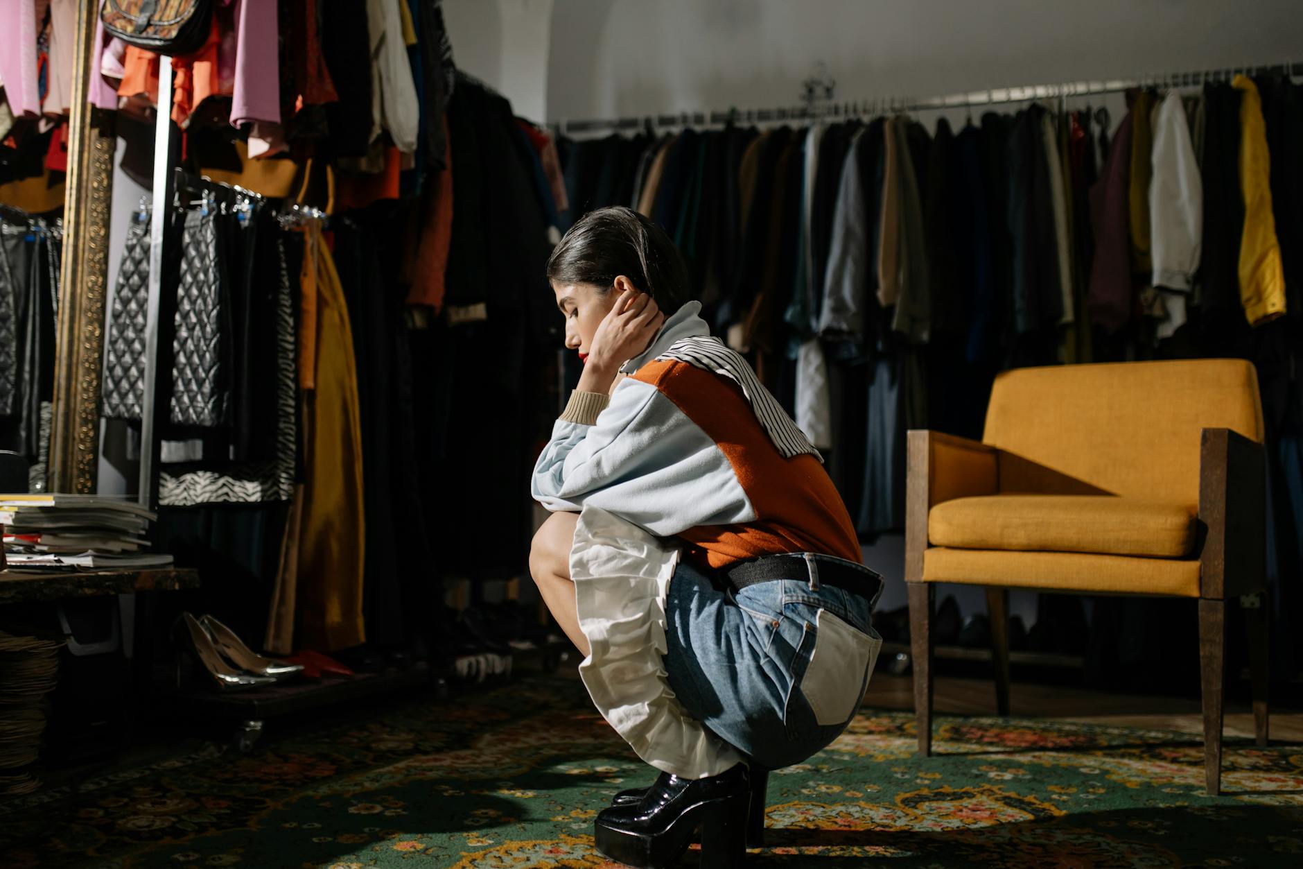 Collection of vintage 1970s clothing pieces hanging on display racks