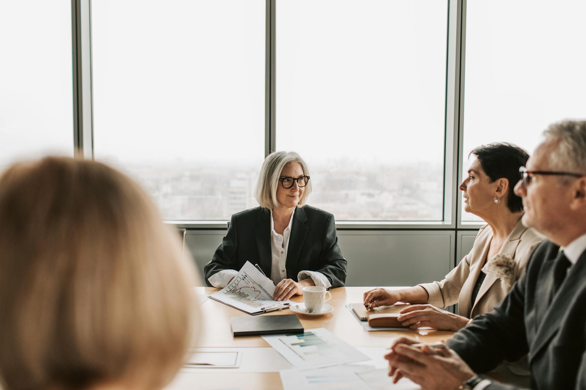 Business professionals in discussion around conference table planning expansion