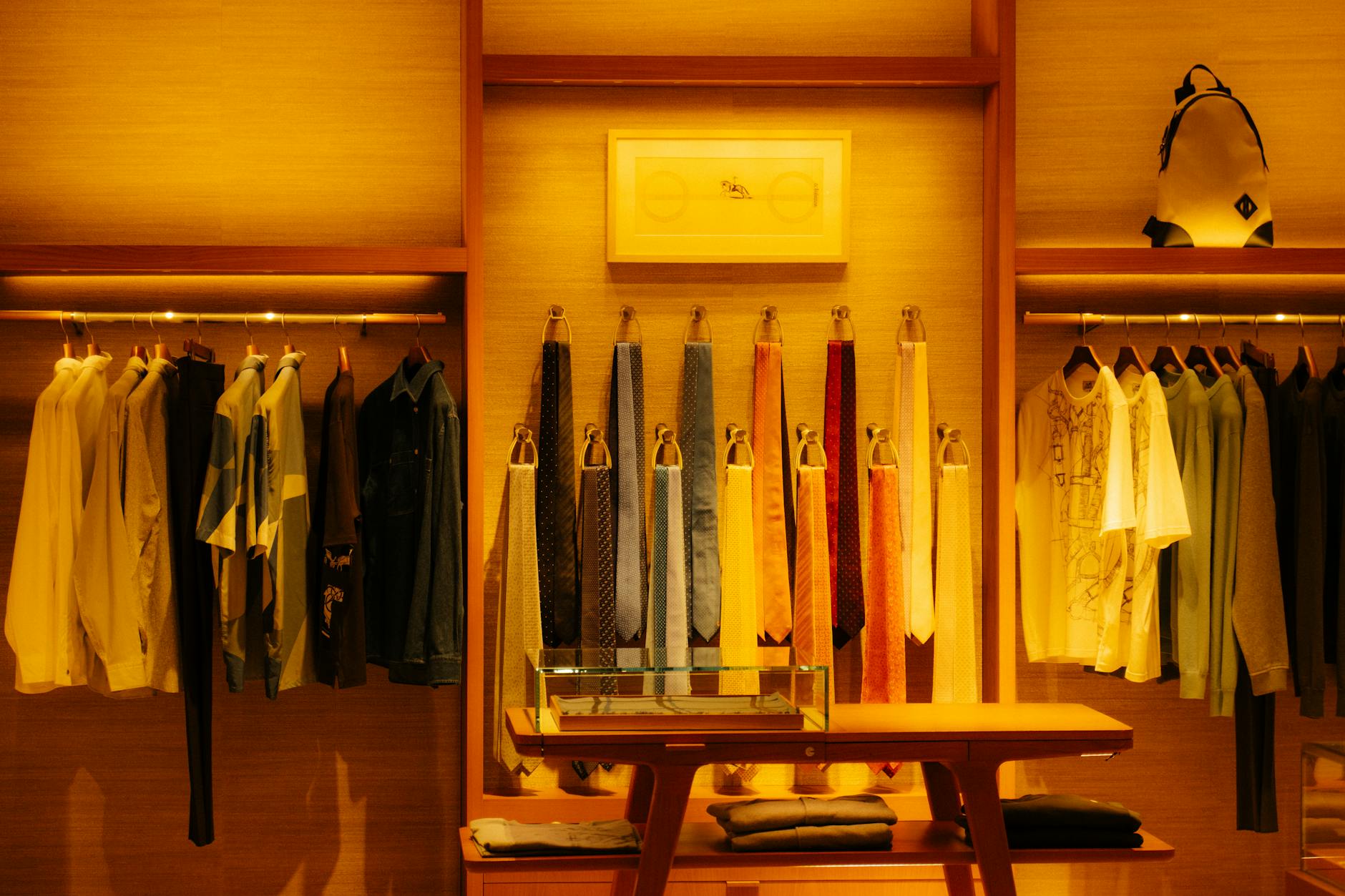 High-end fashion boutique interior showcasing elegant clothing displays and modern retail design elements