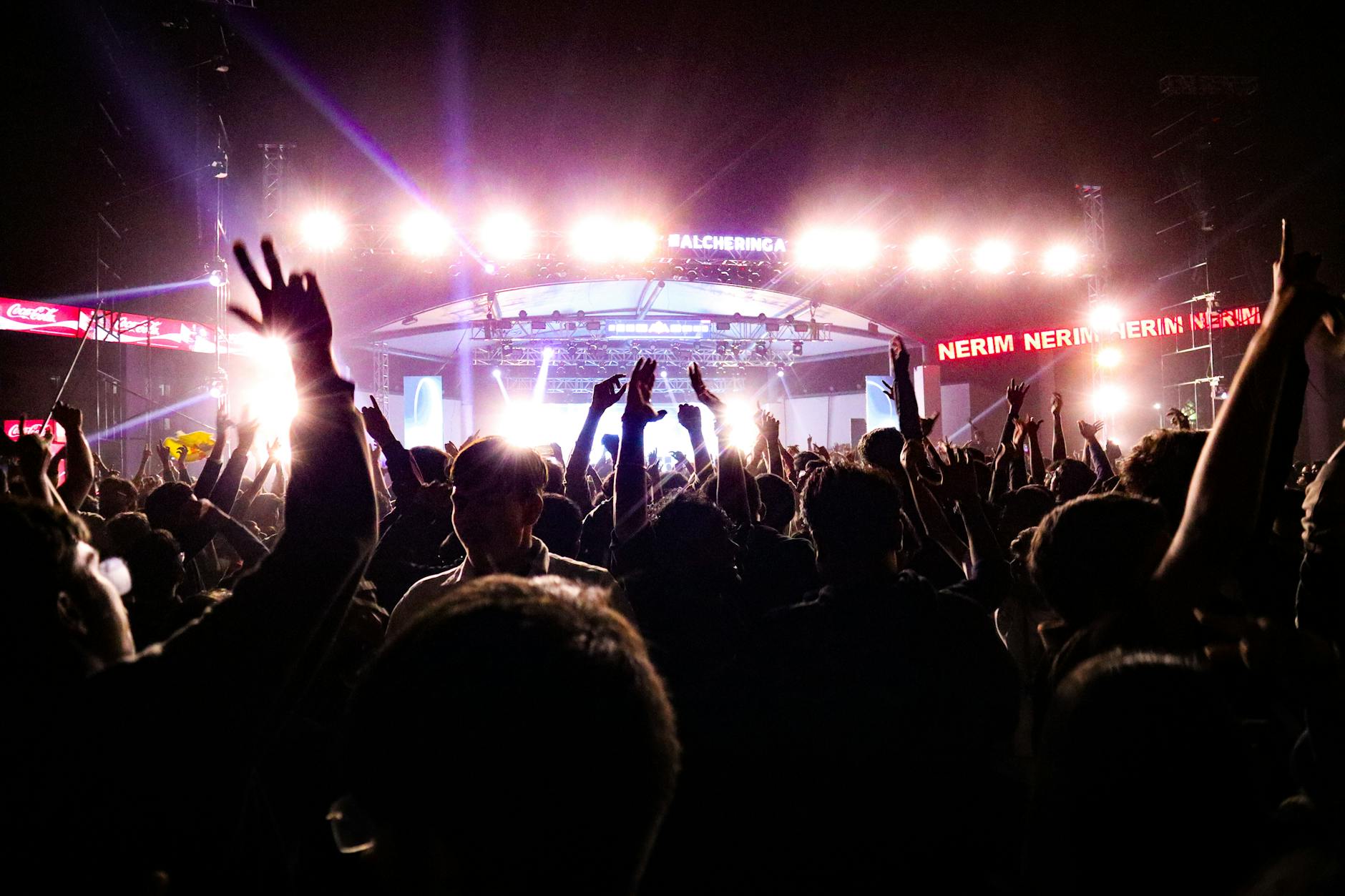 Enthusiastic audience with raised hands at live performance venue