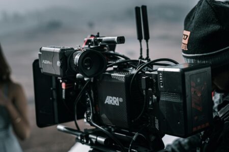 Professional film production equipment and cameras set up for documentary filming