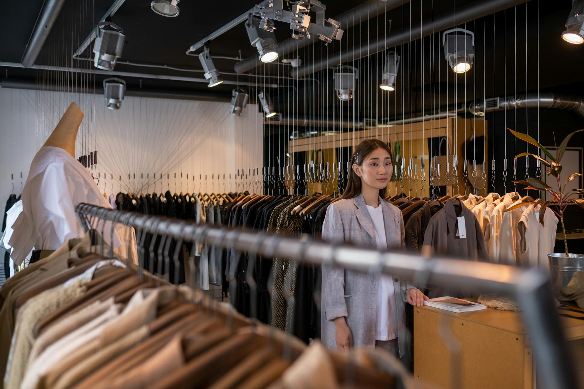 Curated luxury clothing displayed on racks in an upscale fashion boutique