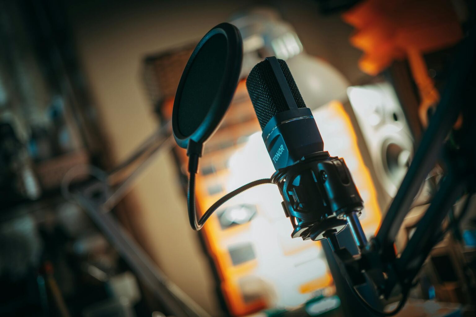 Professional podcast recording studio with microphones and equipment