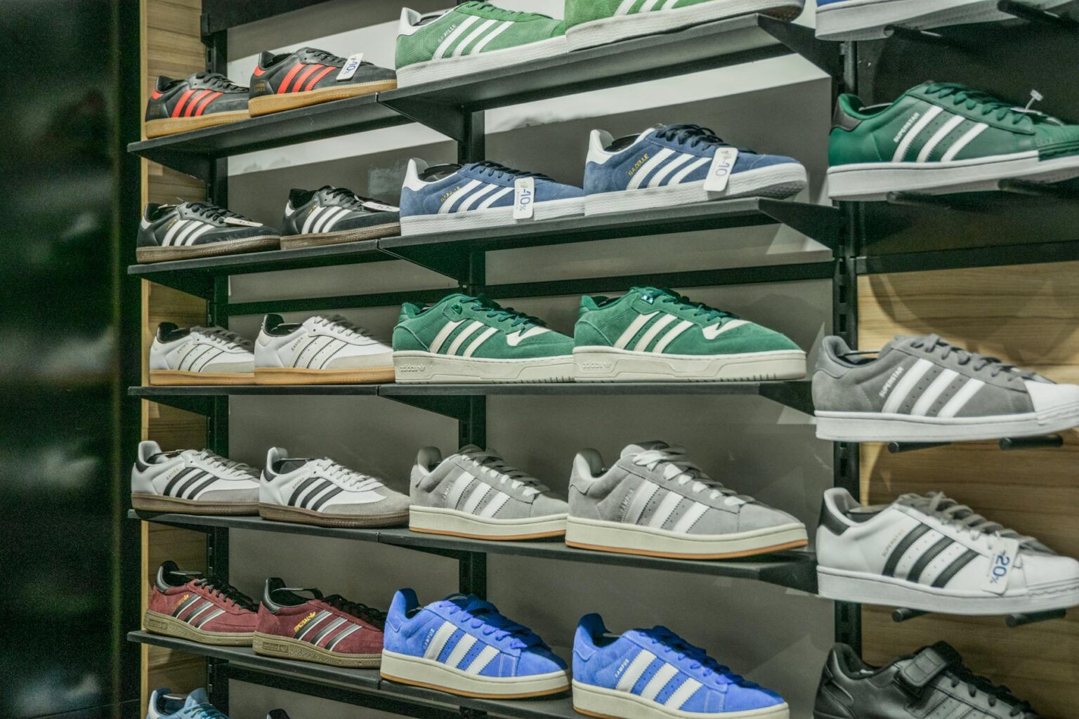 Designer Sneaker Resale Markets Are Outpacing Traditional Luxury Sales Row of premium sneakers displayed on shelves showing various colorways and styles
