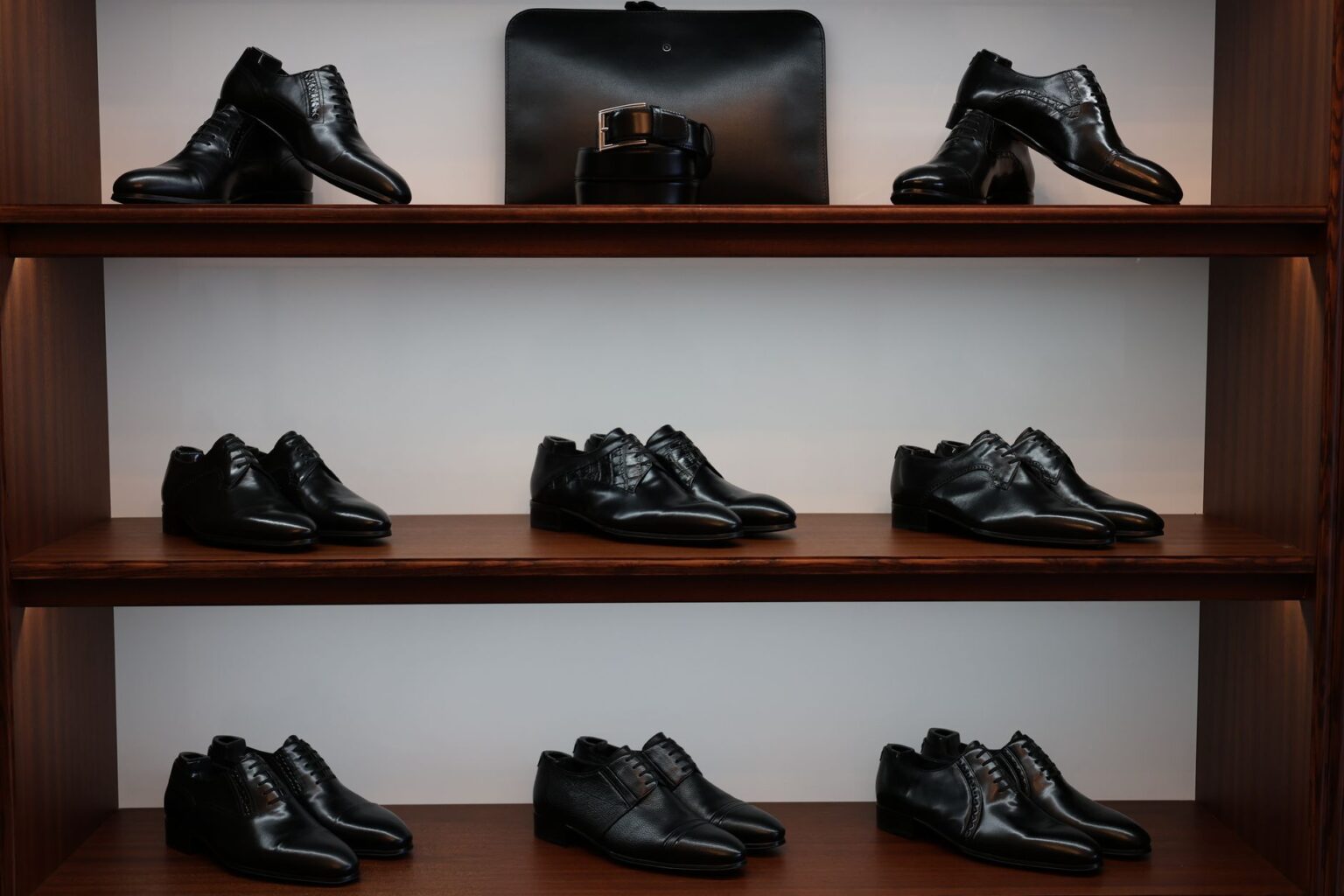 Close-up of elegant structured luxury shoes on a neutral background