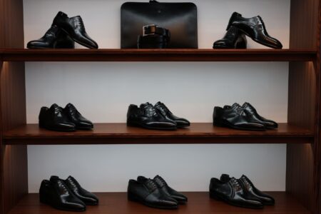 Close-up of elegant structured luxury shoes on a neutral background