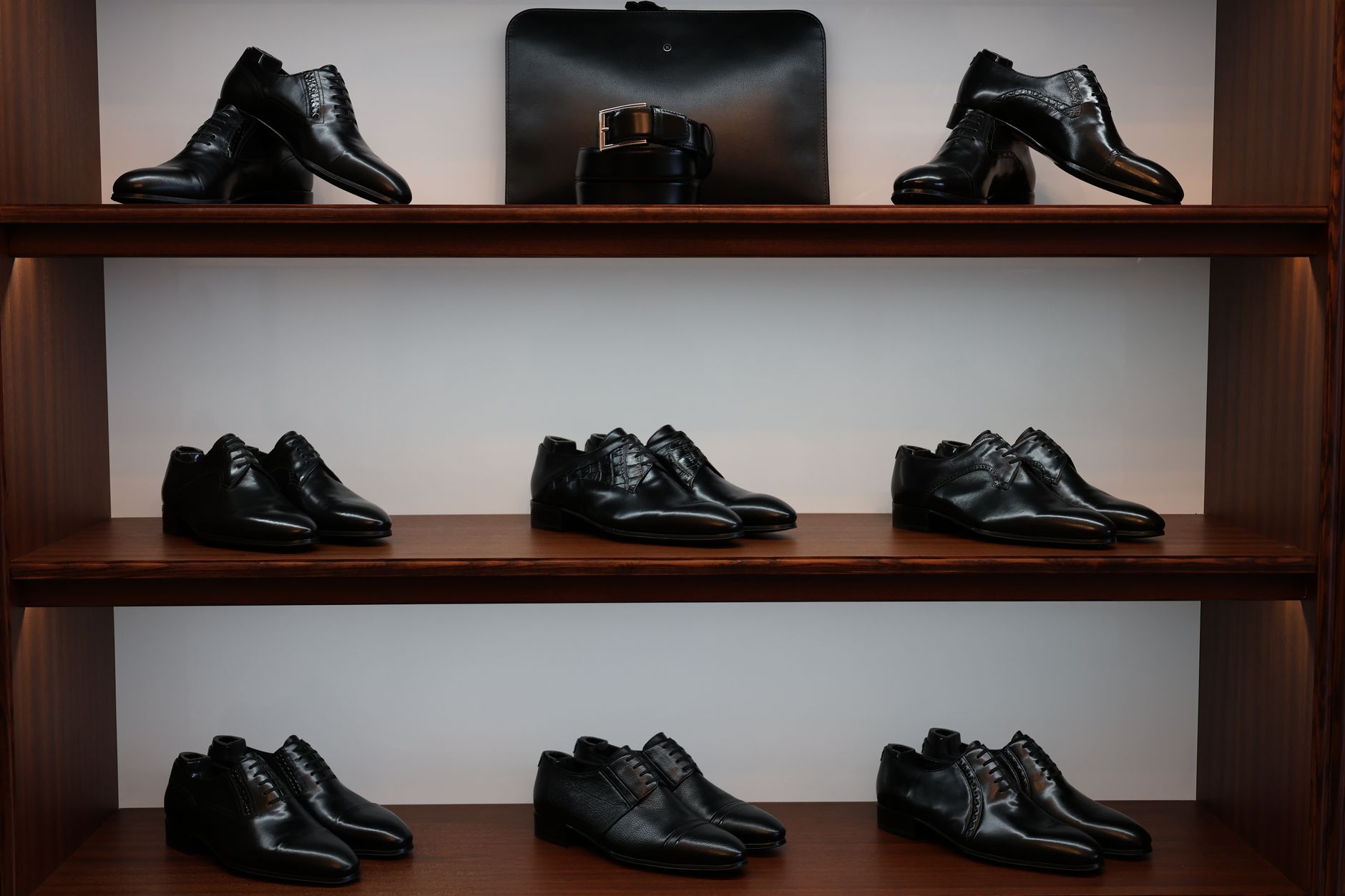 Close-up of elegant structured luxury shoes on a neutral background