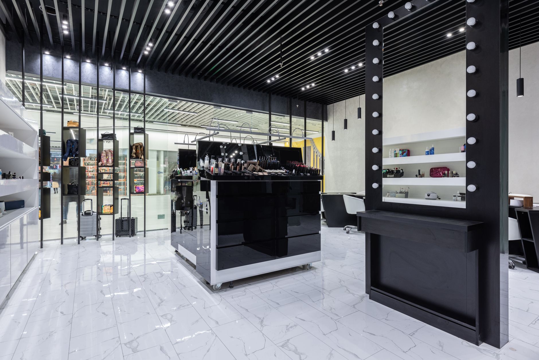 Interior of a luxury fashion boutique with leather accessories on display