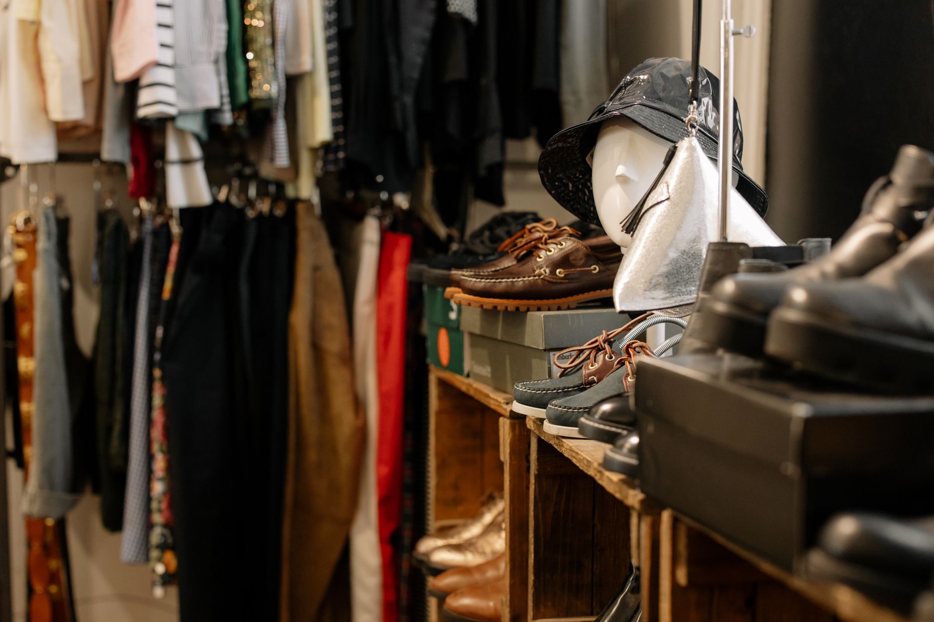 Interior of a high-end shoe boutique with designer footwear on display