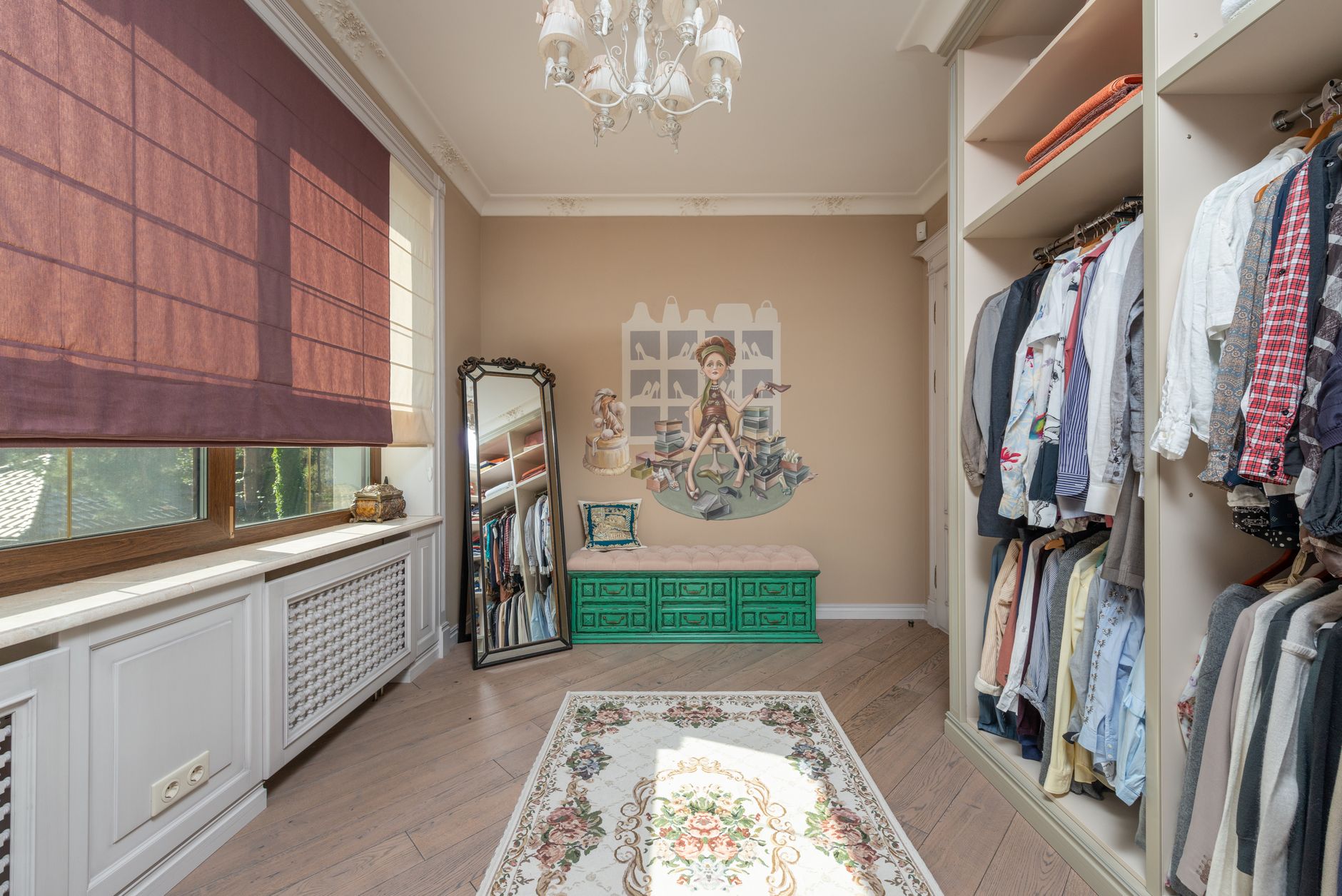 Neatly arranged luxury wardrobe with tailored trousers and structured separates