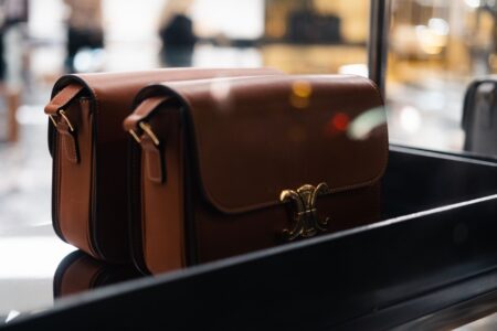 A soft structured luxury handbag in neutral tones resting on a surface