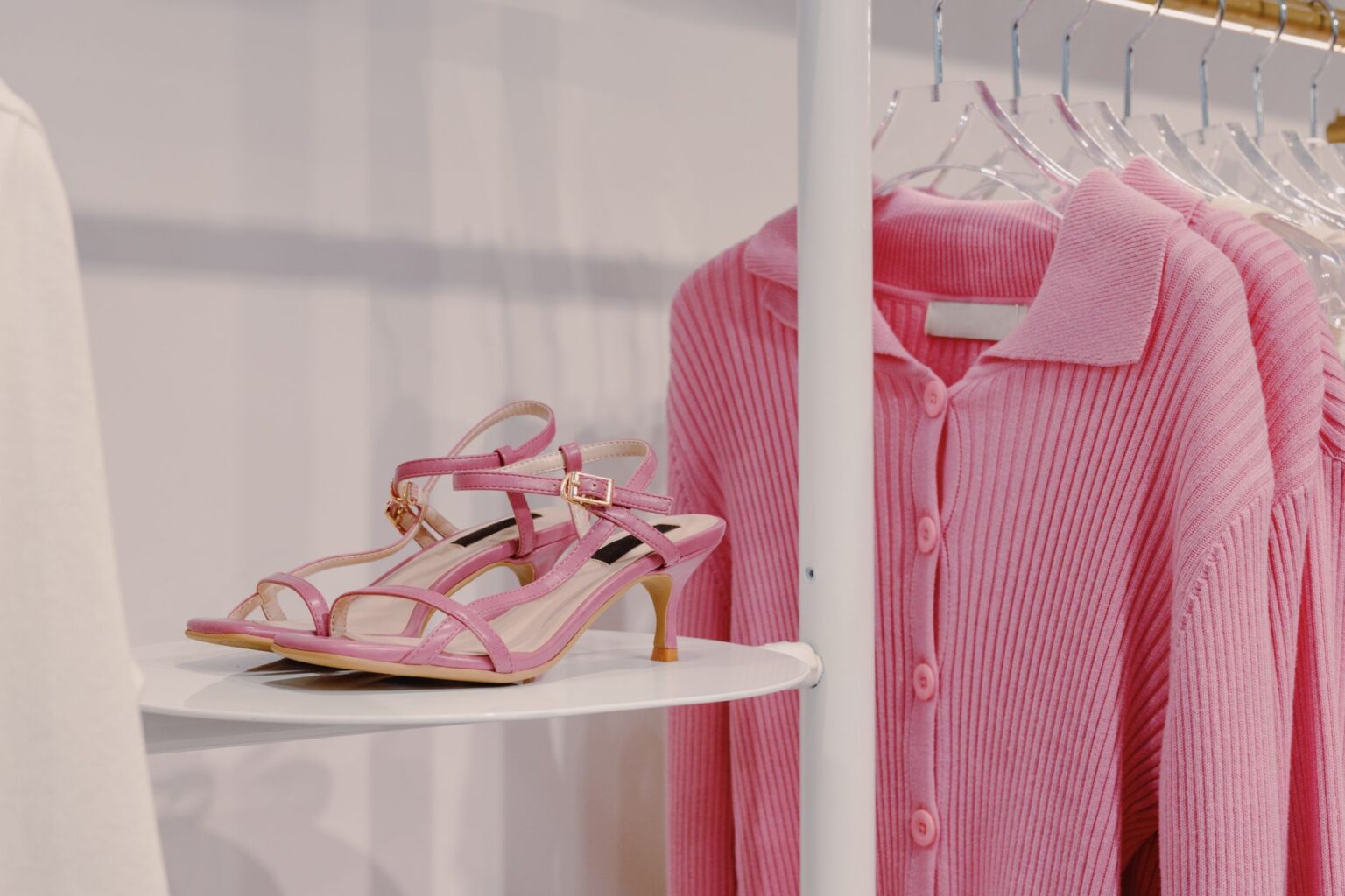 The Kitten Heel Slingback Is Quietly Edging Out the Block-Heel Pump A row of women's heels displayed on a shoe rack, including slingback and pump styles