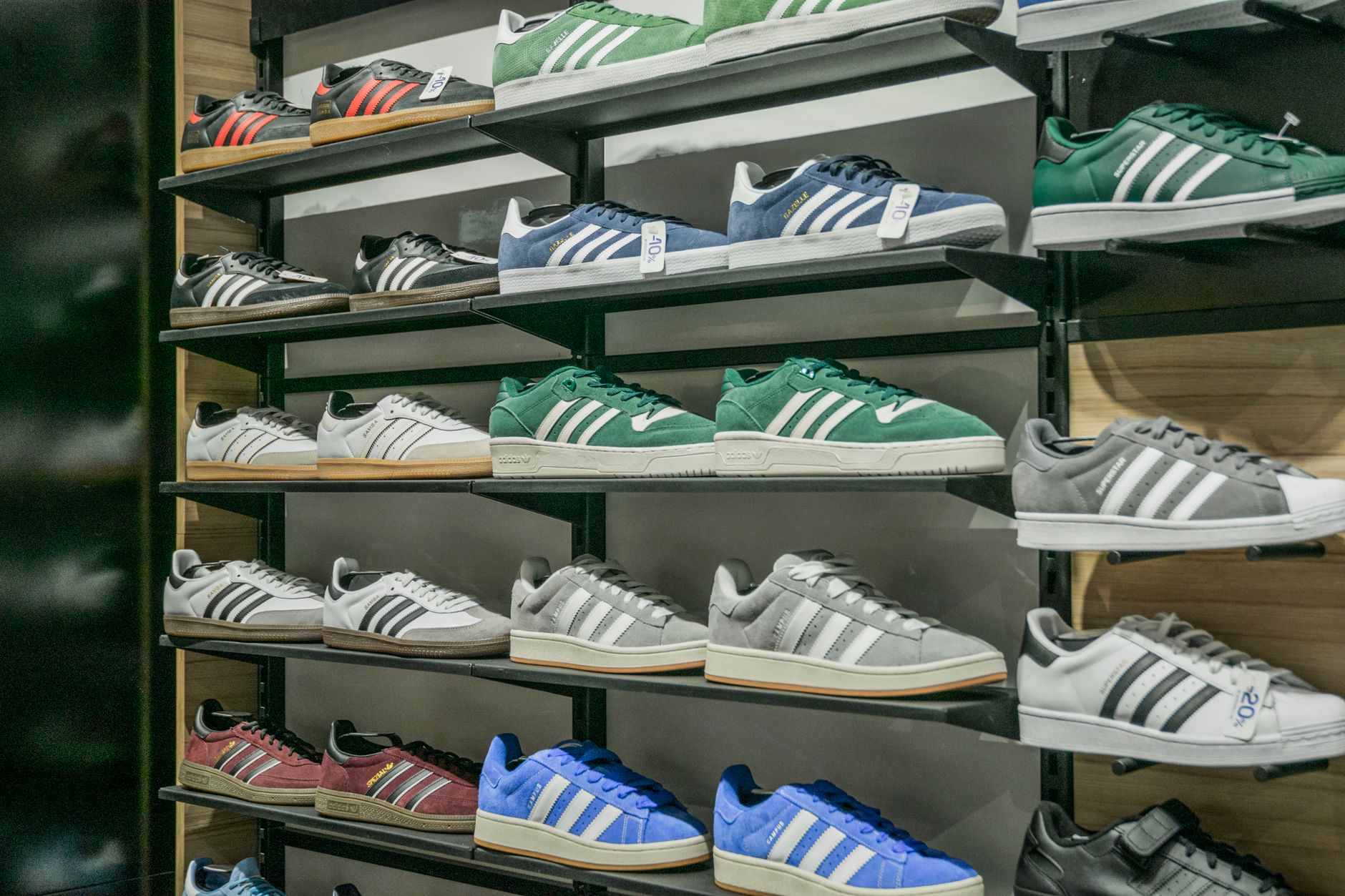 Flat shoes arranged on a minimalist retail display shelf